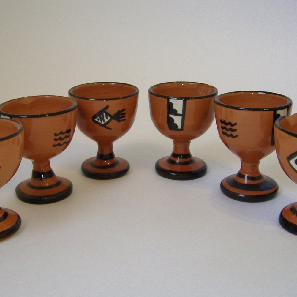 Egg Cups Peru Set of 6 Vintage Brown Clay Pottery Fish Llama Aztec Collectible